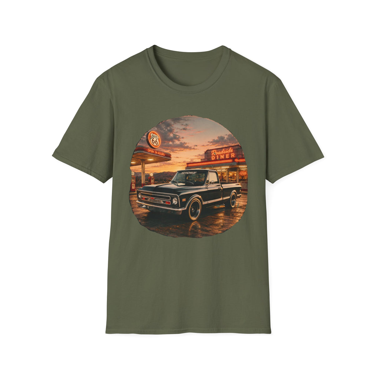 Vintage Chevy Pickup Sunset Circle T-Shirt | Retro Truck Diner Design