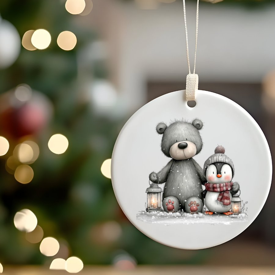 Bear and Penguin Winter Scene Ceramic Ornament | Christmas Holiday Decoration