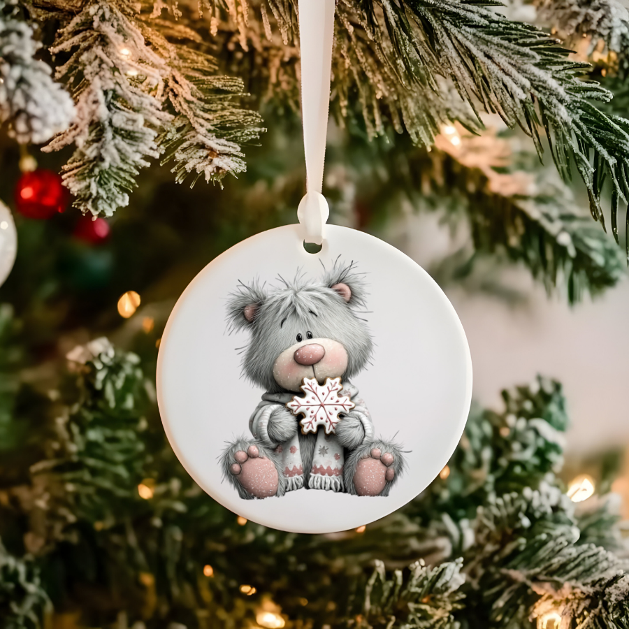 Bear and Penguin Winter Scene Ceramic Ornament | Christmas Holiday Decoration