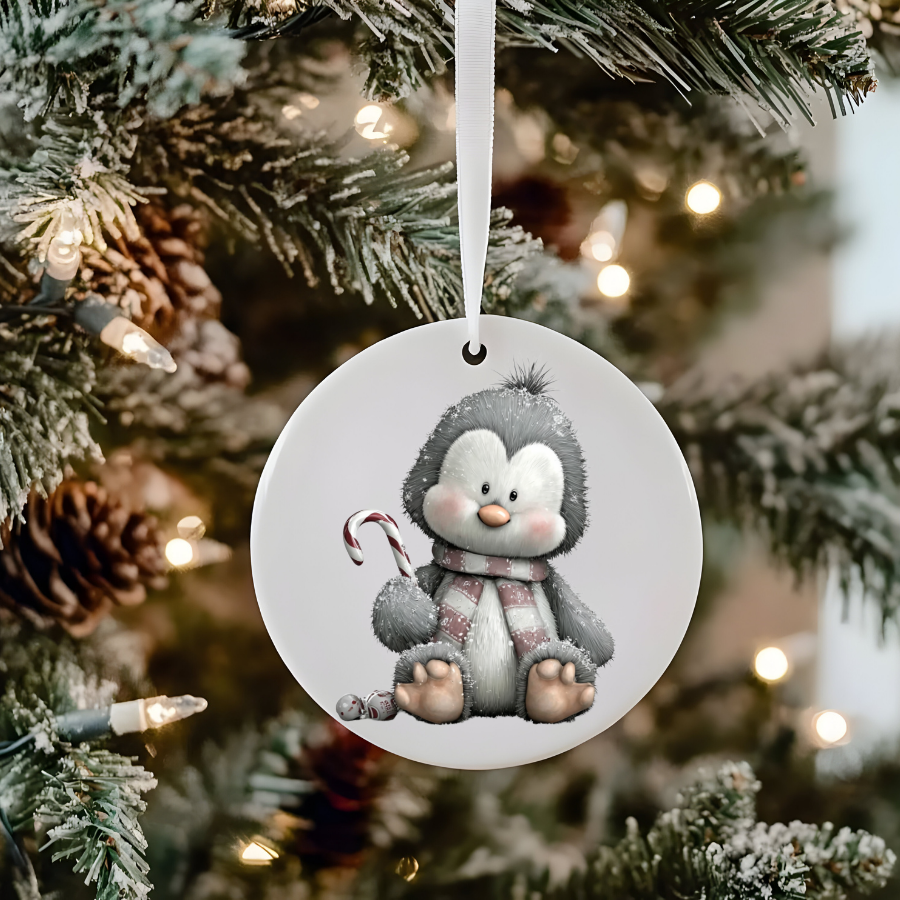 Bear and Penguin Winter Scene Ceramic Ornament | Christmas Holiday Decoration