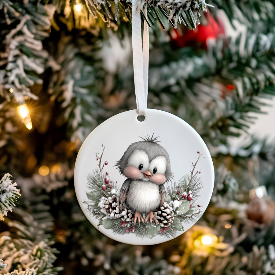 Bear and Penguin Winter Scene Ceramic Ornament | Christmas Holiday Decoration