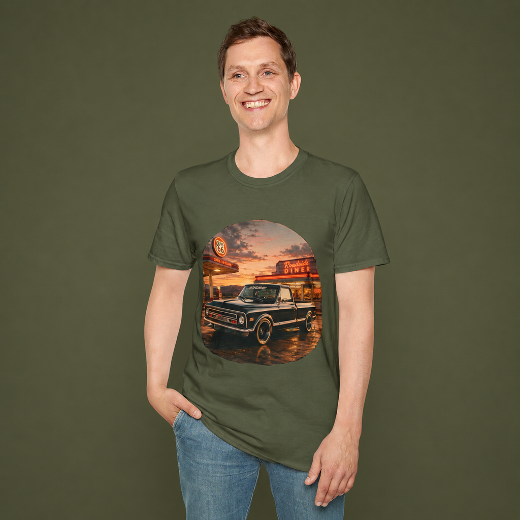 Vintage Chevy Pickup Sunset Circle T-Shirt | Retro Truck Diner Design