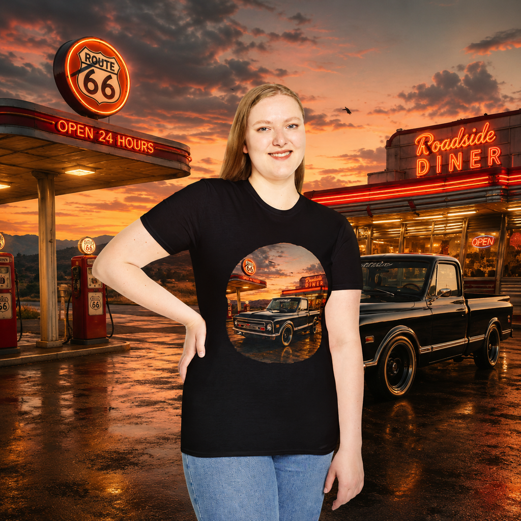 Vintage Chevy Pickup Sunset Circle T-Shirt | Retro Truck Diner Design
