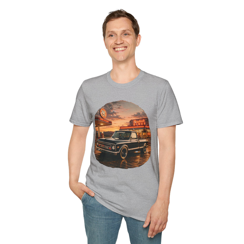 Vintage Chevy Pickup Sunset Circle T-Shirt | Retro Truck Diner Design
