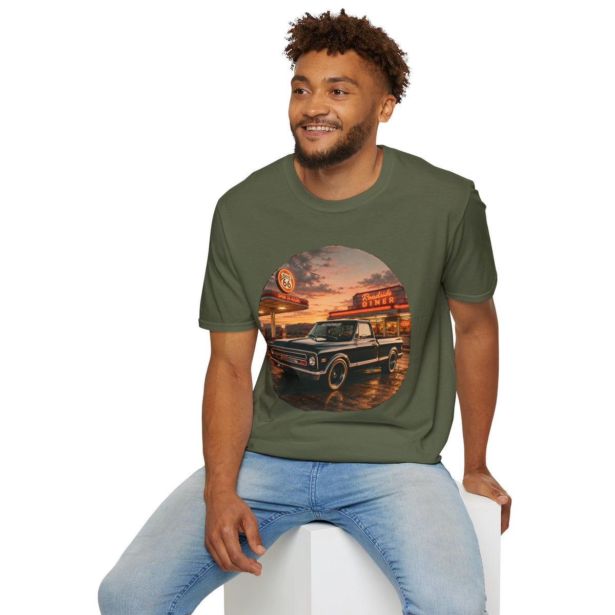 Vintage Chevy Pickup Sunset Circle T-Shirt | Retro Truck Diner Design