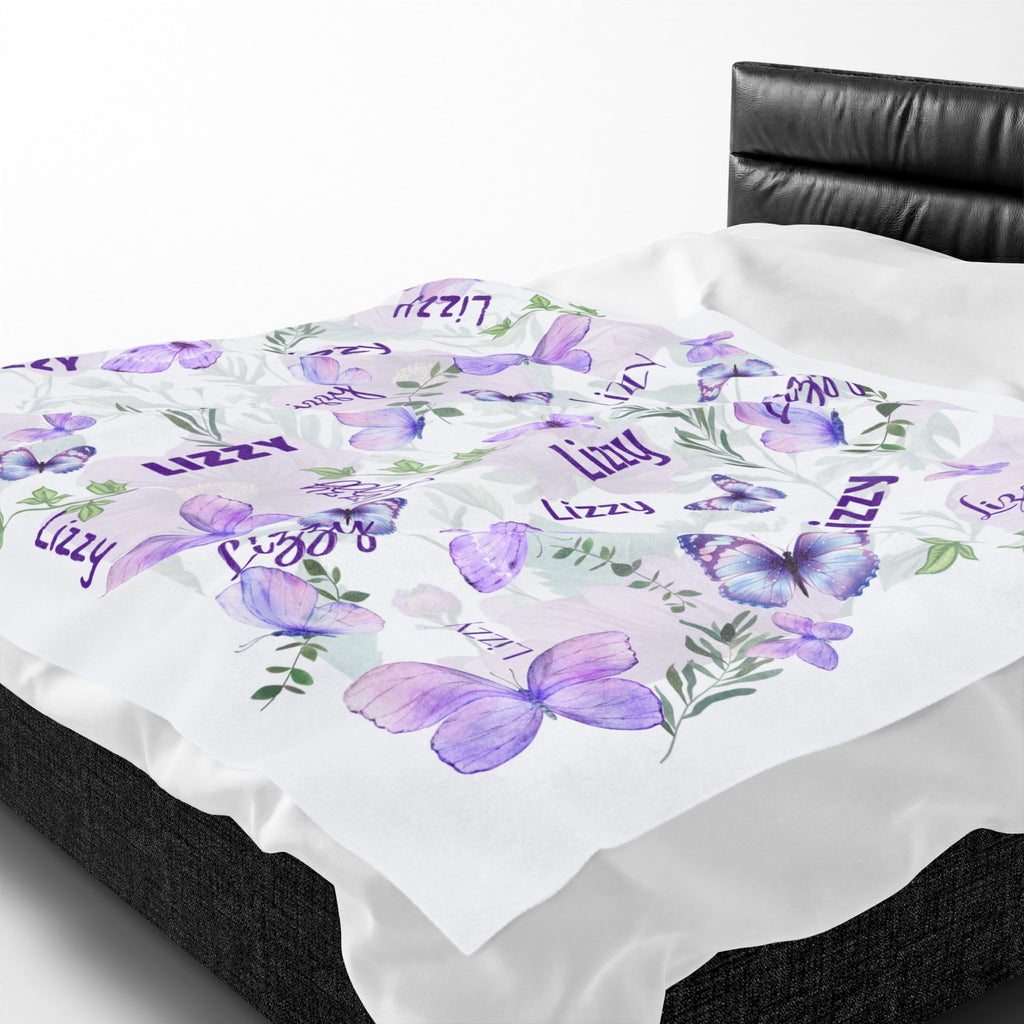 Velveteen Plush Blanket - Baby Blanket with Purple Butterflies and Lush Greenery, Soft Blanket for Nursery, Kids Bedroom Decor, Newborn