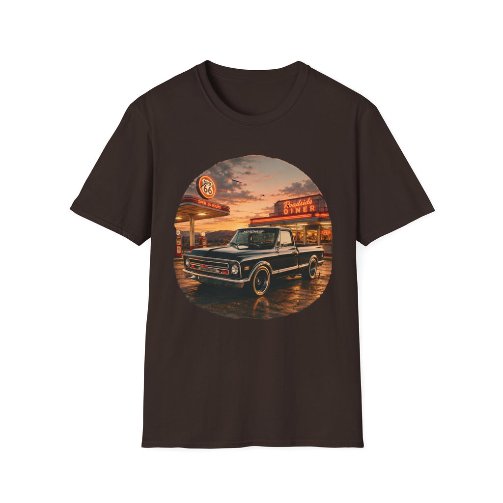 Vintage Chevy Pickup Sunset Circle T-Shirt | Retro Truck Diner Design
