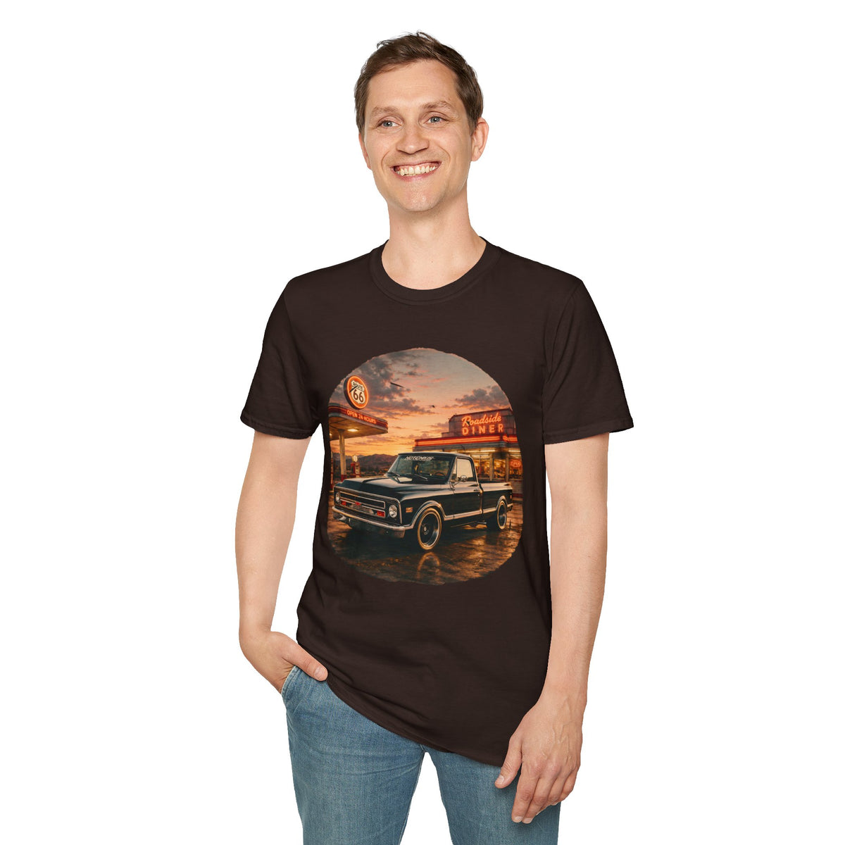 Vintage Chevy Pickup Sunset Circle T-Shirt | Retro Truck Diner Design