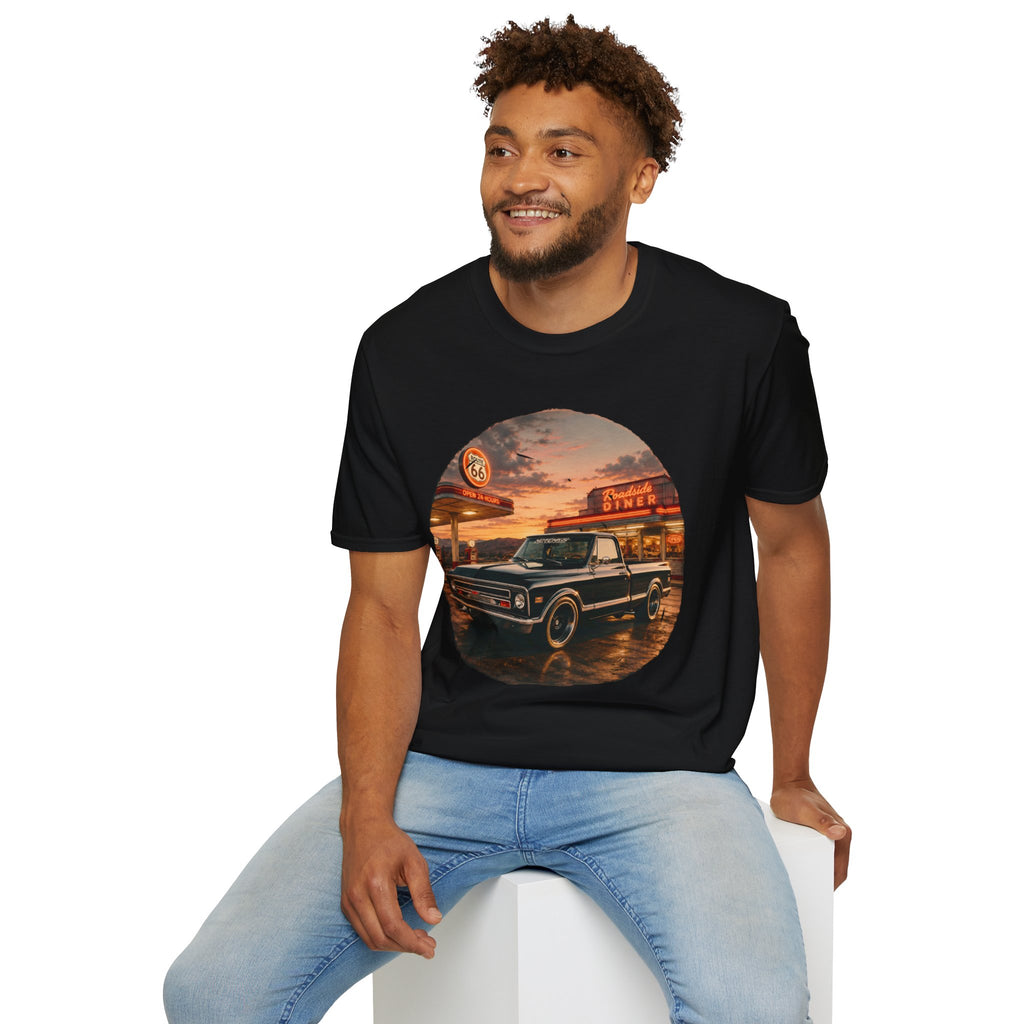 Vintage Chevy Pickup Sunset Circle T-Shirt | Retro Truck Diner Design