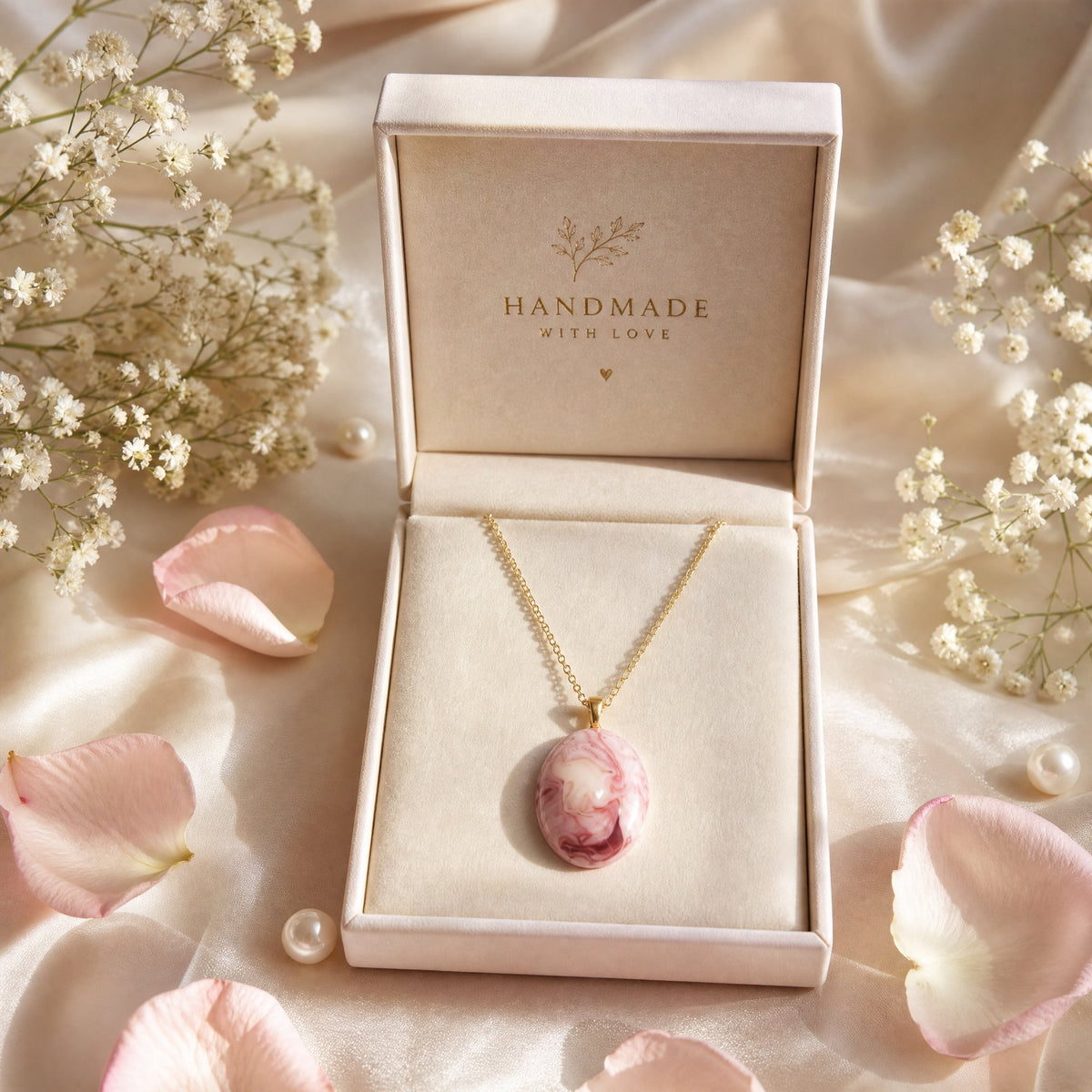 Handmade Pink Marbled Teardrop Pendant Necklace – Gold