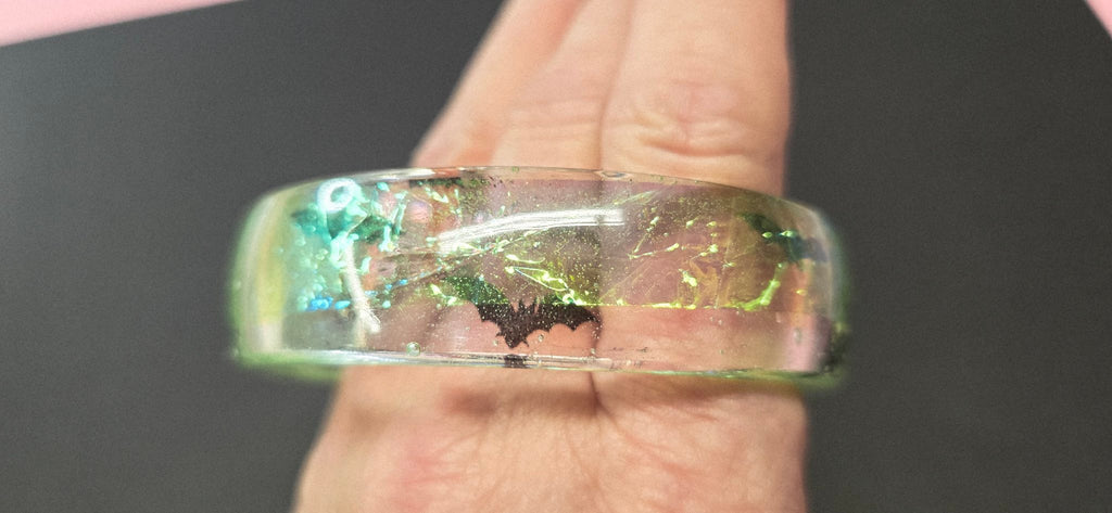 Handmade Resin Round Bangle - Dichroic Design with Bats