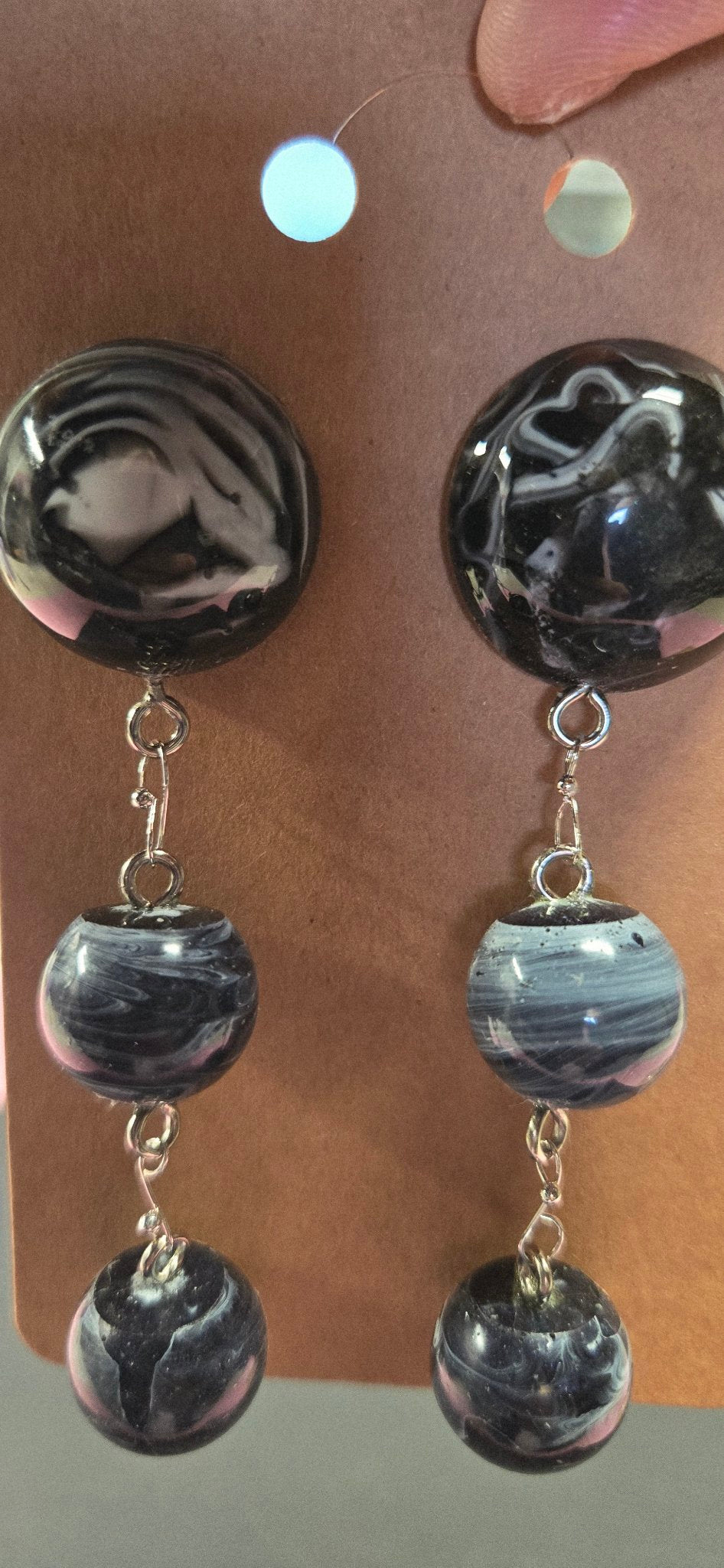 Handmade Black & White Marbled Resin Dangle Earrings – 3 Inch Statement Earrings, One of a Kind