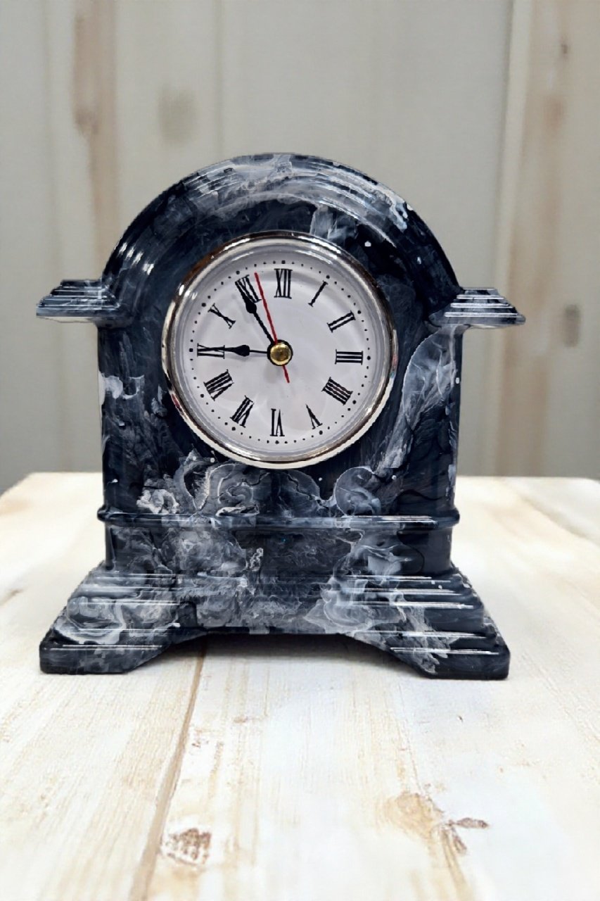 Handmade Marbled Resin Mantel Clock – Black White Gray