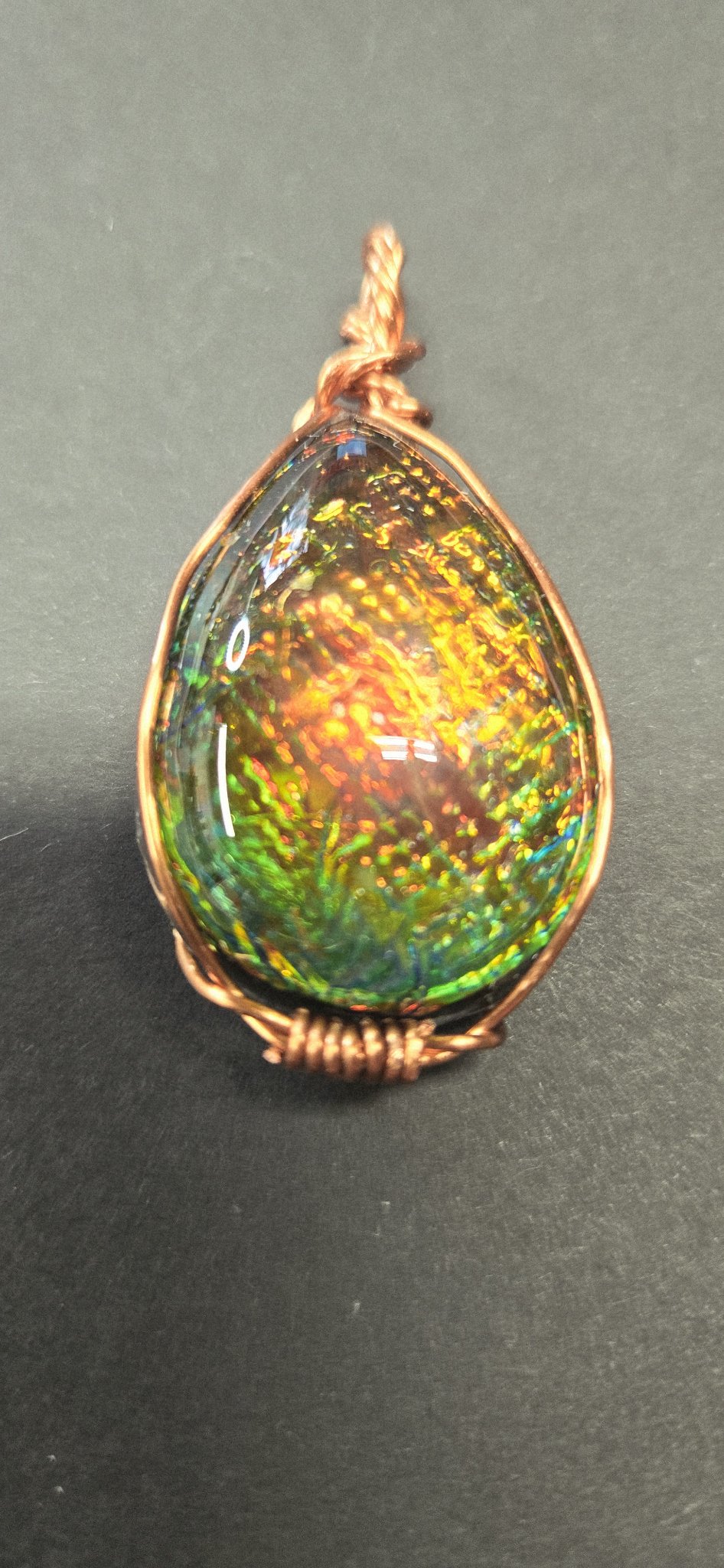Handmade Wire-Wrapped Dichroic Cabochon Pendant - Copper