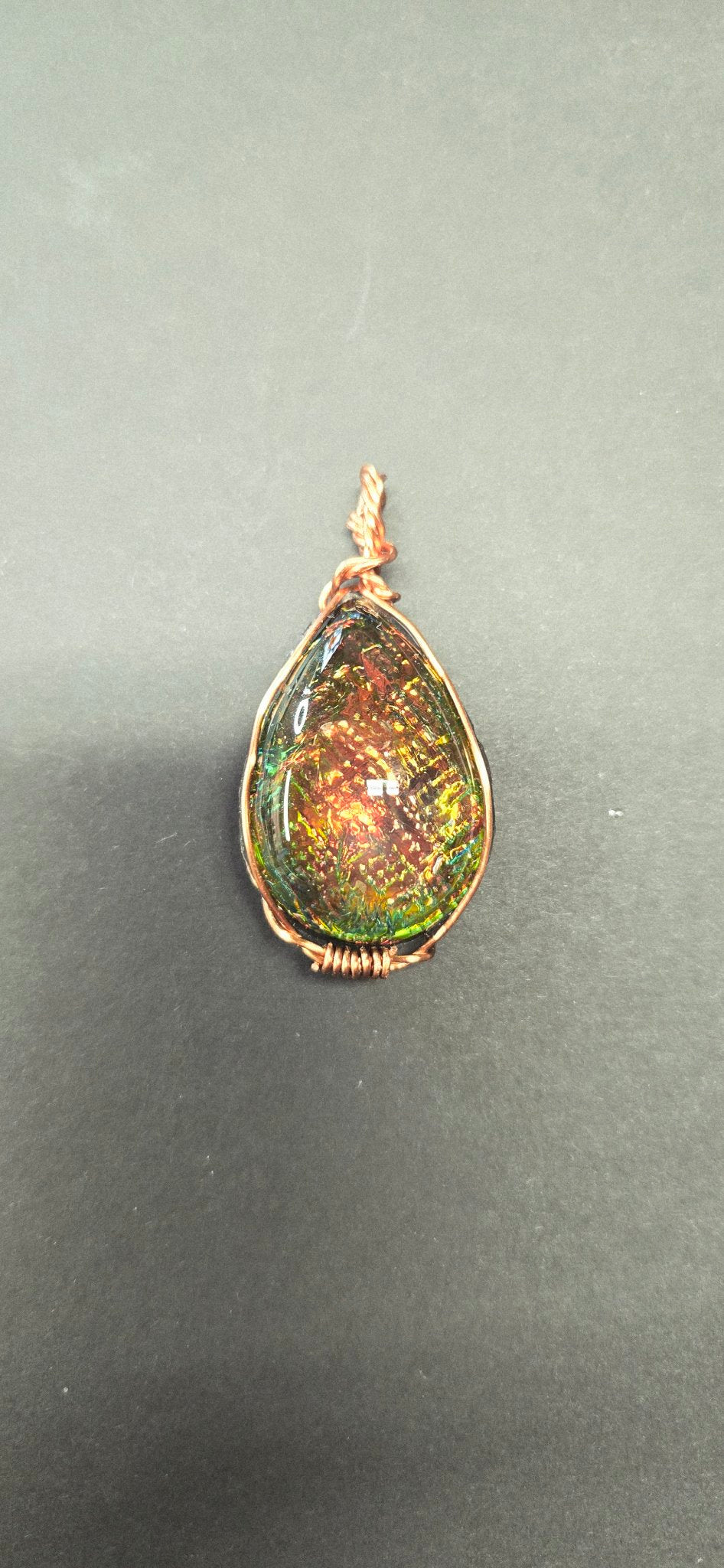 Handmade Wire-Wrapped Dichroic Cabochon Pendant - Copper