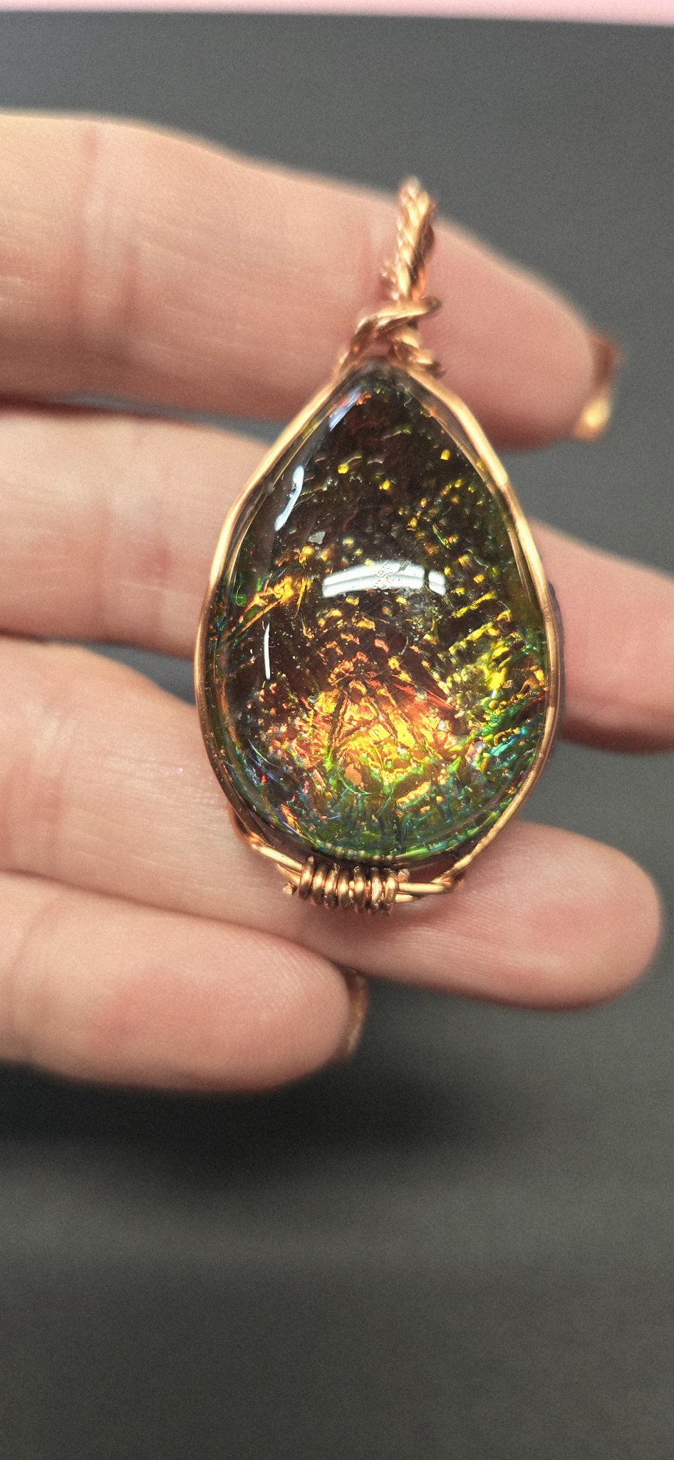 Handmade Wire-Wrapped Dichroic Cabochon Pendant - Copper