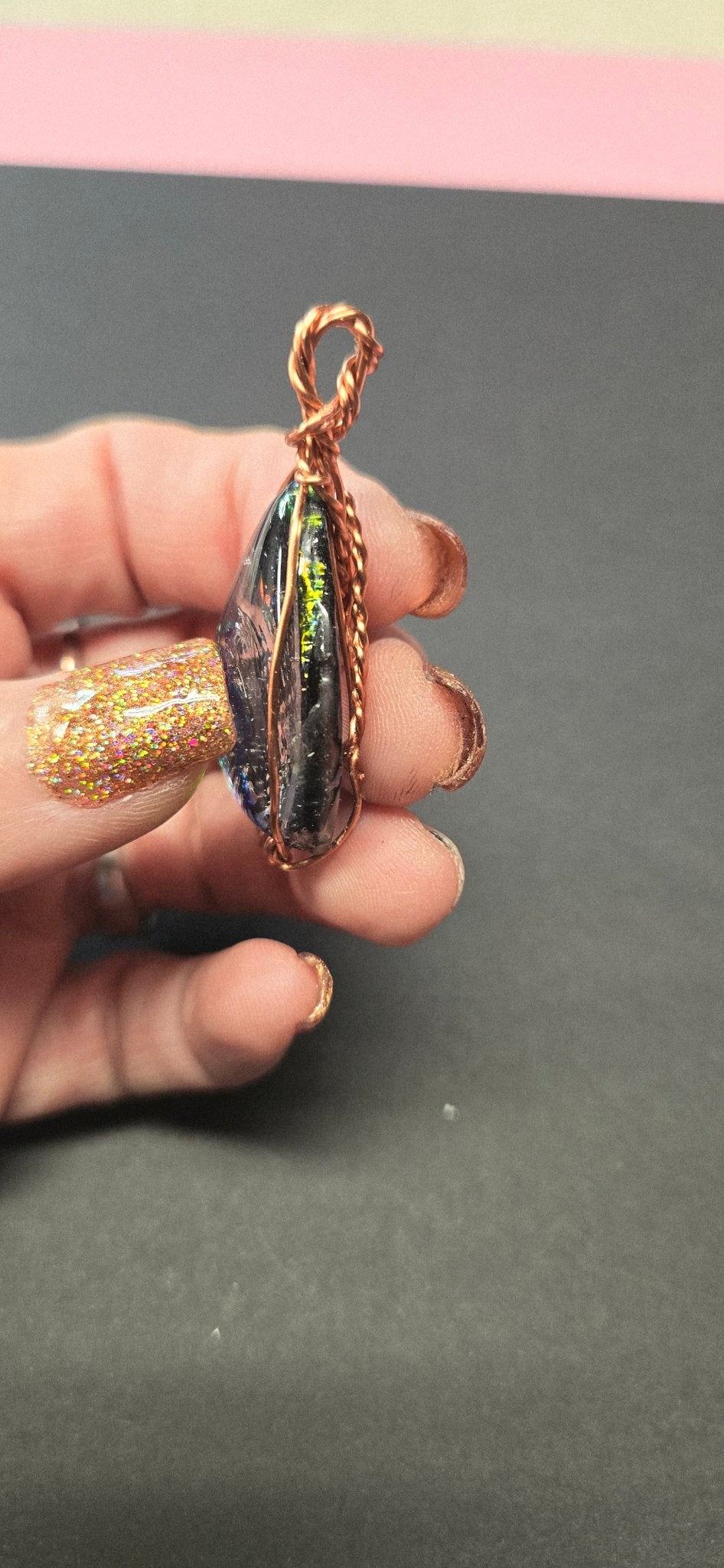 Handmade Wire-Wrapped Dichroic Cabochon Pendant - Copper