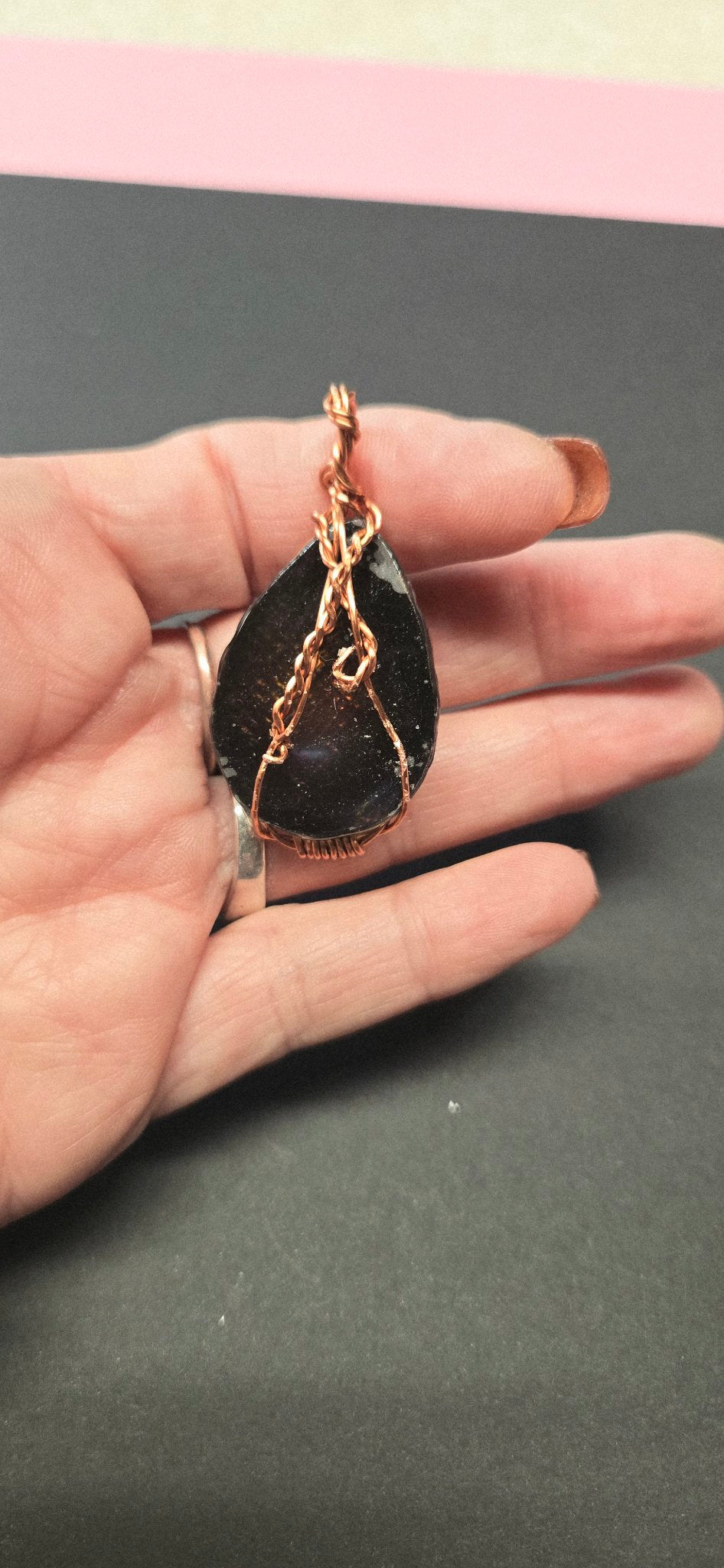 Handmade Wire-Wrapped Dichroic Cabochon Pendant - Copper