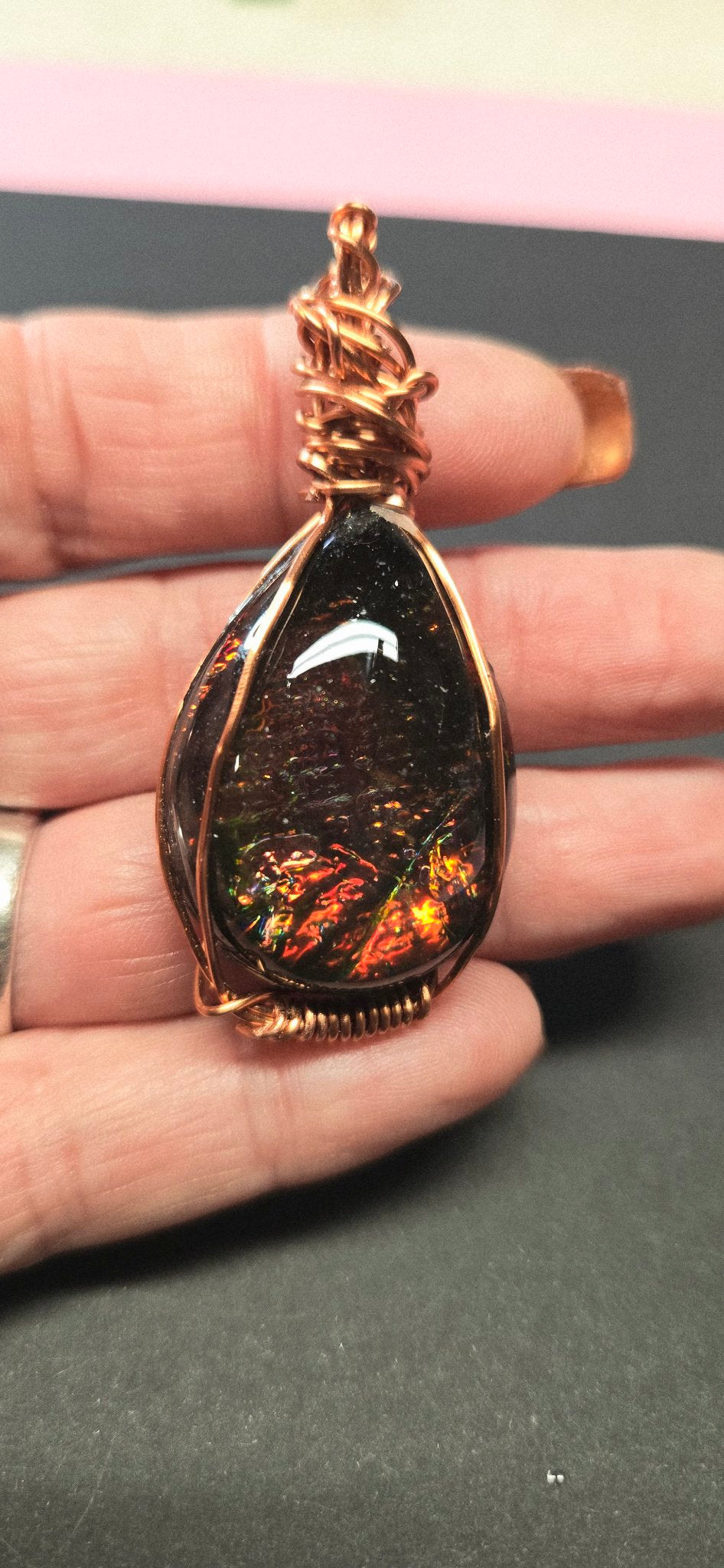 Handmade Wire-Wrapped Dichroic Cabochon Pendant - Ember Red Glow