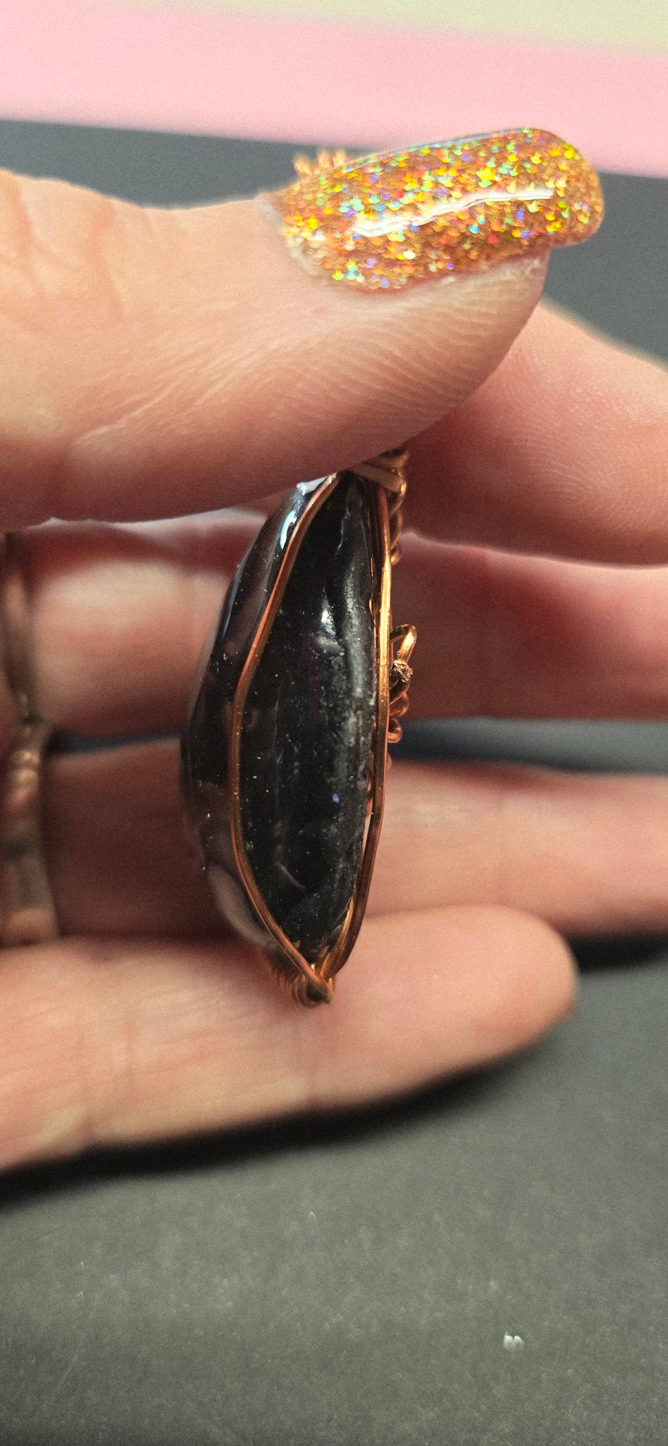 Handmade Wire-Wrapped Dichroic Cabochon Pendant - Ember Red Glow