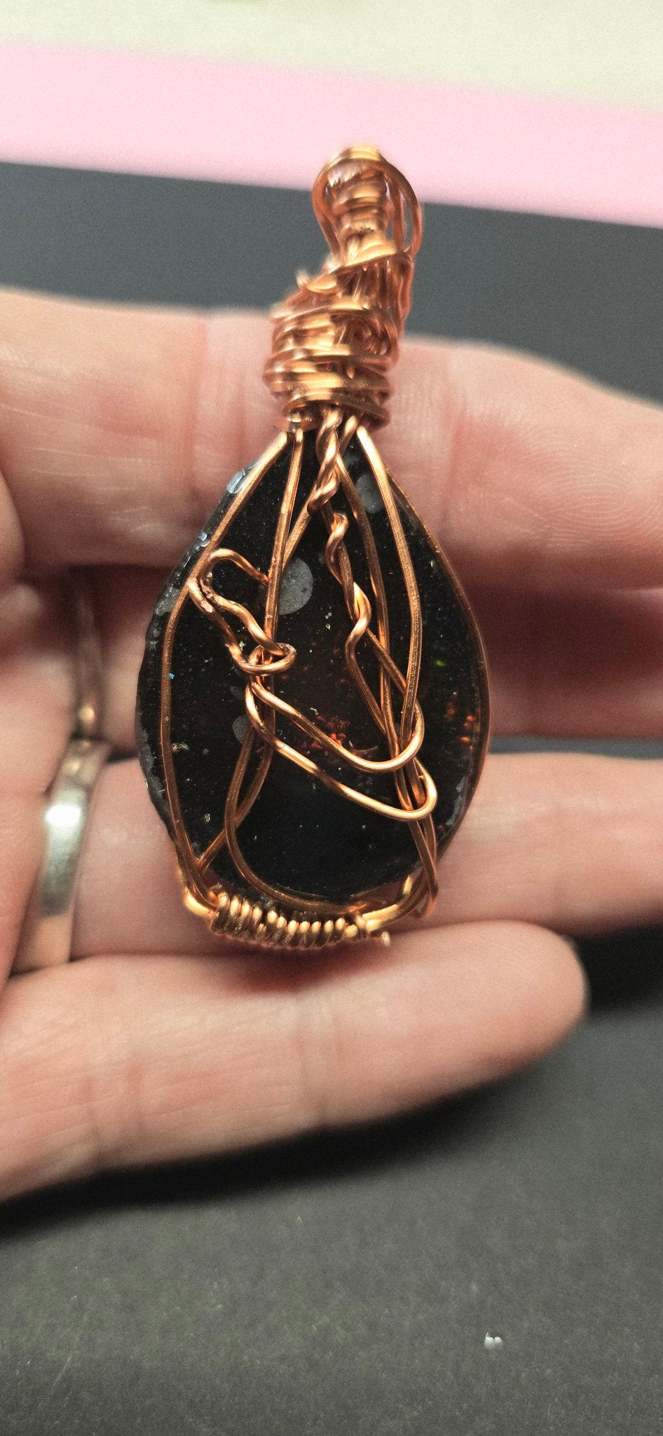 Handmade Wire-Wrapped Dichroic Cabochon Pendant - Ember Red Glow