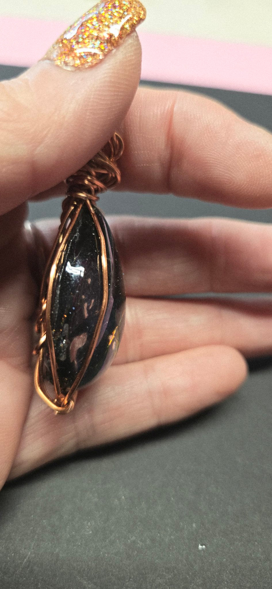 Handmade Wire-Wrapped Dichroic Cabochon Pendant - Ember Red Glow