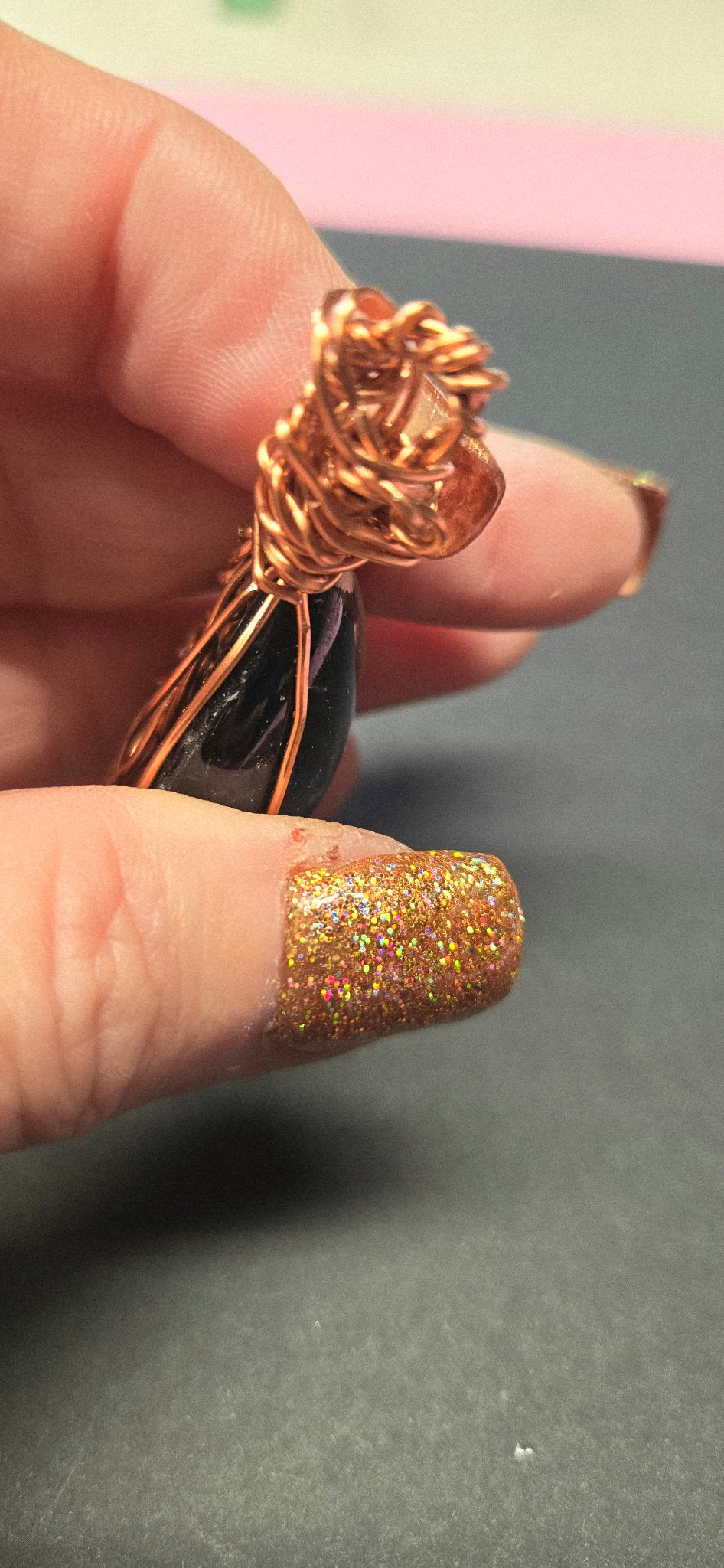 Handmade Wire-Wrapped Dichroic Cabochon Pendant - Ember Red Glow
