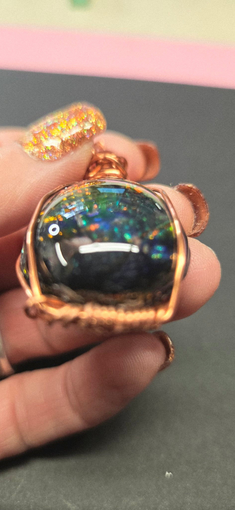 Handmade Wire-Wrapped Dichroic Cabochon Pendant - Ember Red Glow