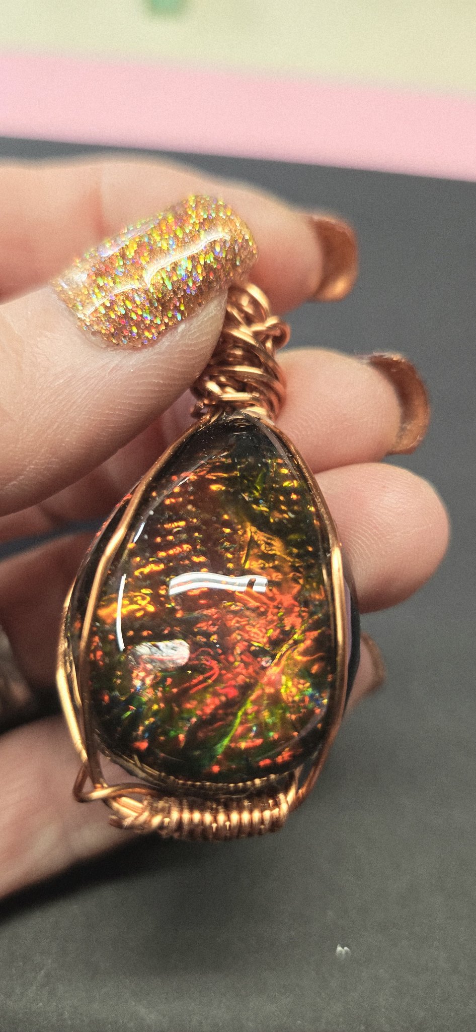 Handmade Wire-Wrapped Dichroic Cabochon Pendant - Ember Red Glow