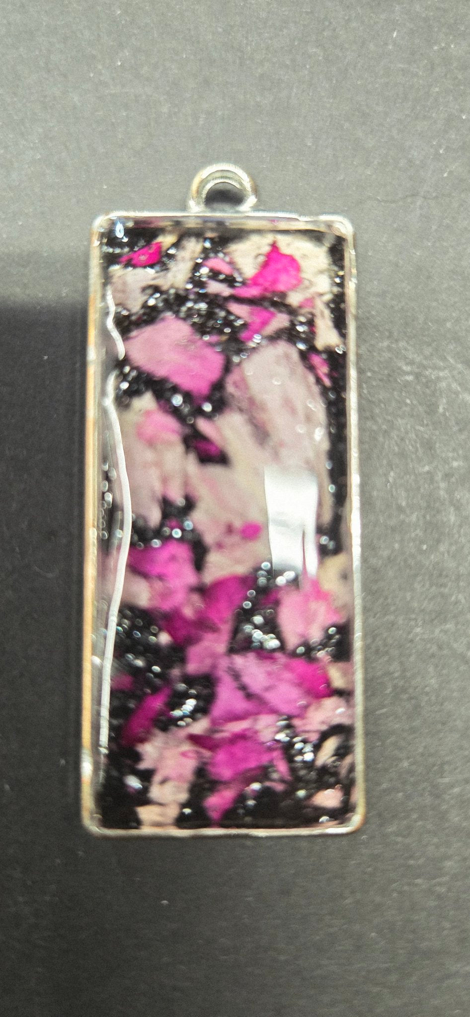 Handmade Pink Flower Resin Pendant - Floral Botanical Necklace Black Glitter