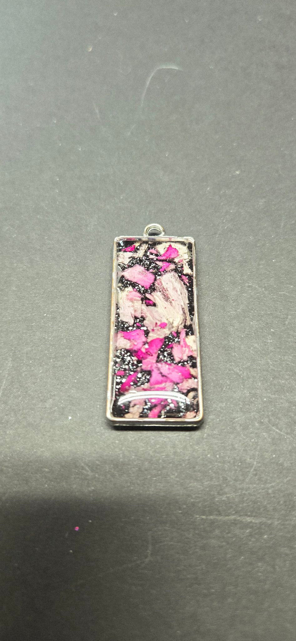 Handmade Pink Flower Resin Pendant - Floral Botanical Necklace Black Glitter