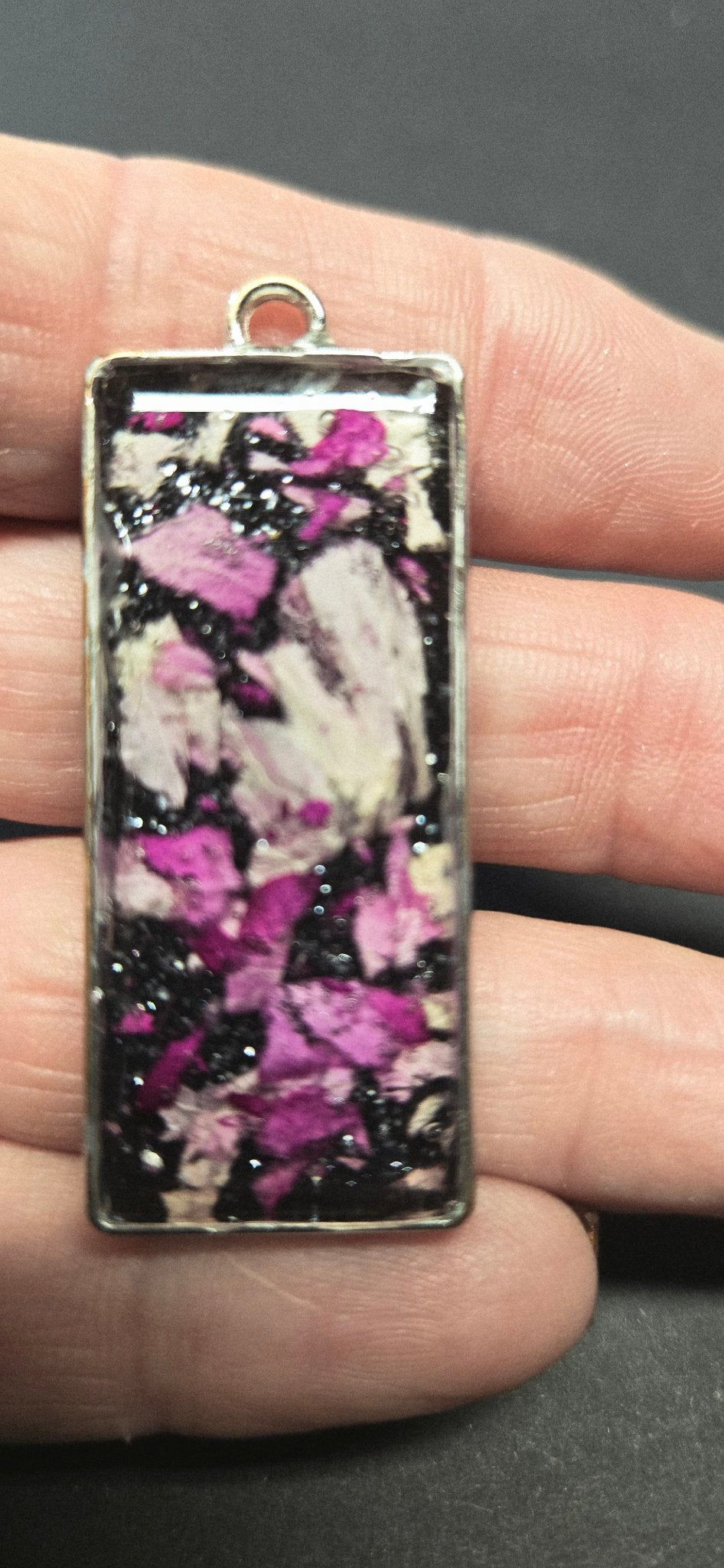 Handmade Pink Flower Resin Pendant - Floral Botanical Necklace Black Glitter