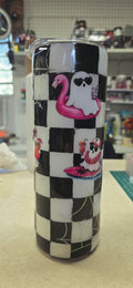 Handmade 20oz Halloween Ghost Tumbler – Cute Ghosts, Holographic Spider Web, Hand-Painted Checkerboard Epoxy