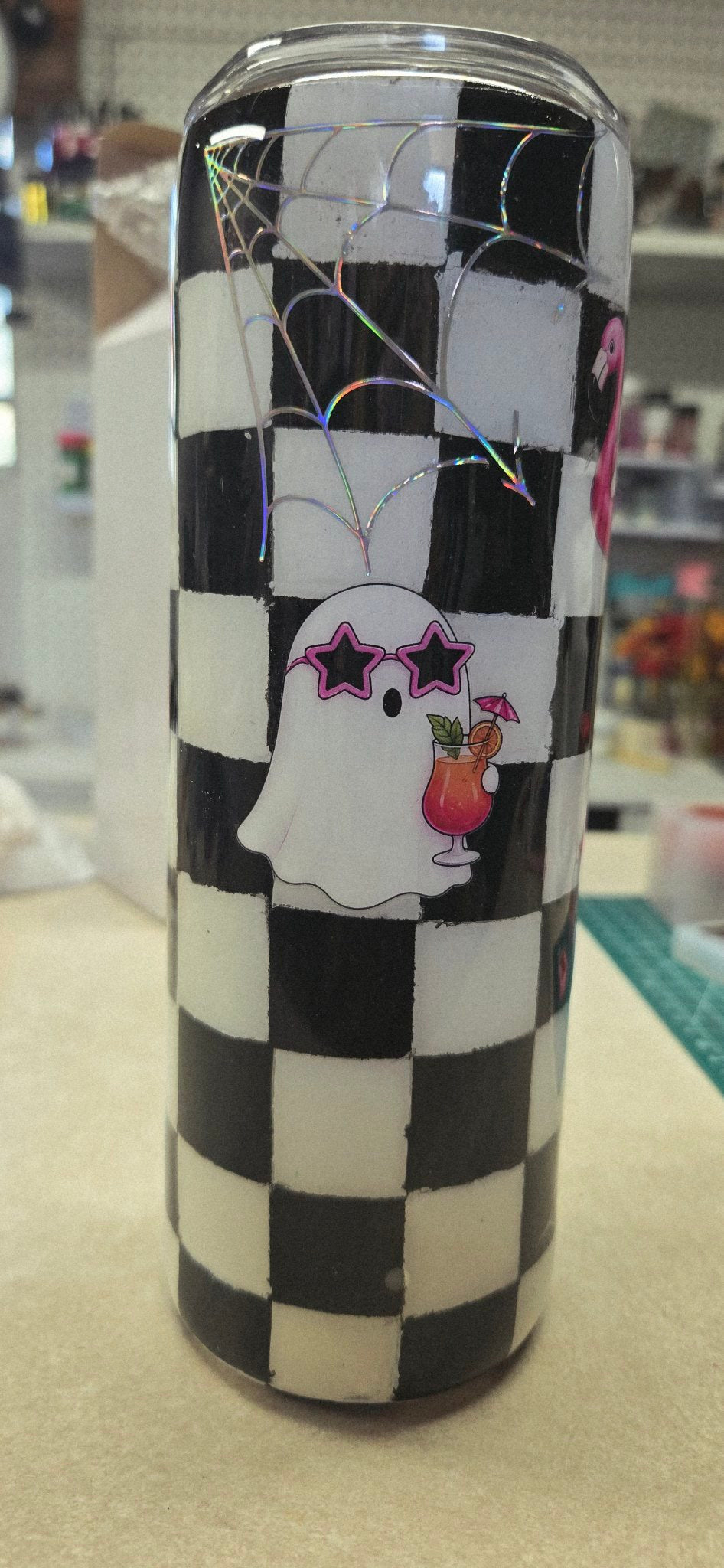 Handmade 20oz Halloween Ghost Tumbler – Cute Ghosts, Holographic Spider Web, Hand-Painted Checkerboard Epoxy