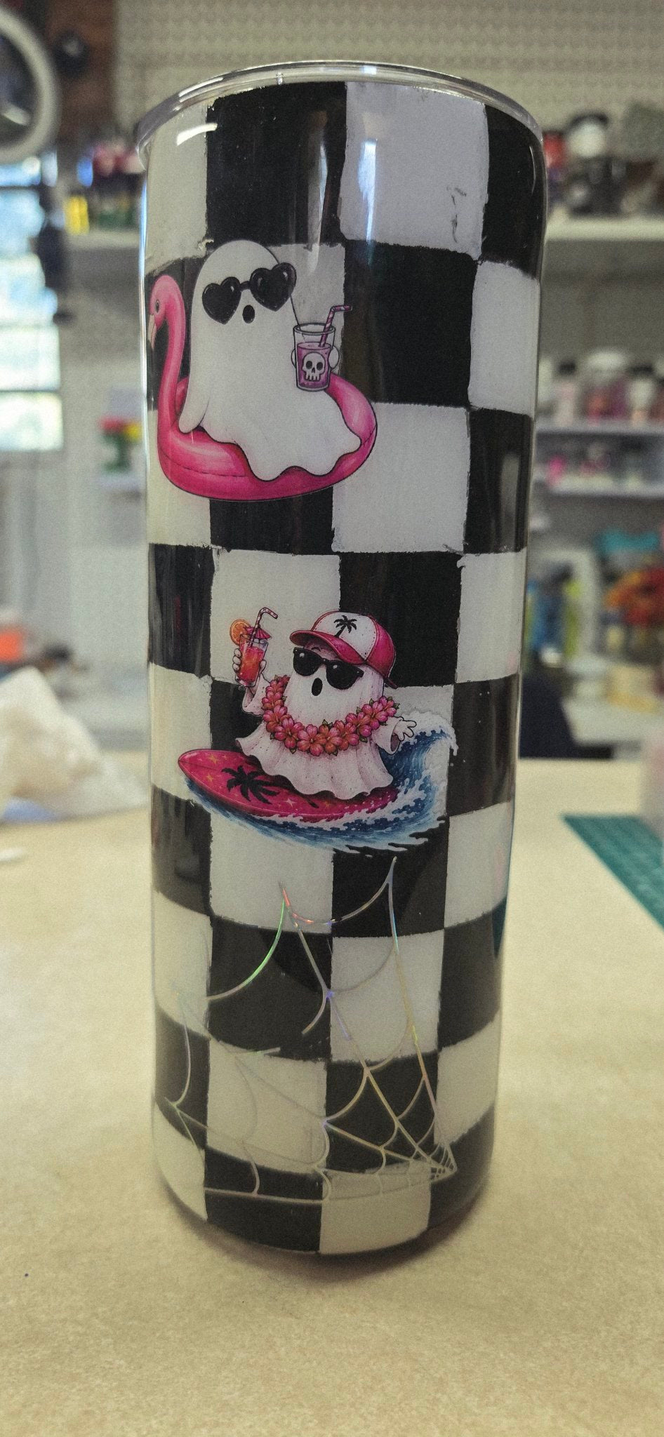 Handmade 20oz Halloween Ghost Tumbler – Cute Ghosts, Holographic Spider Web, Hand-Painted Checkerboard Epoxy