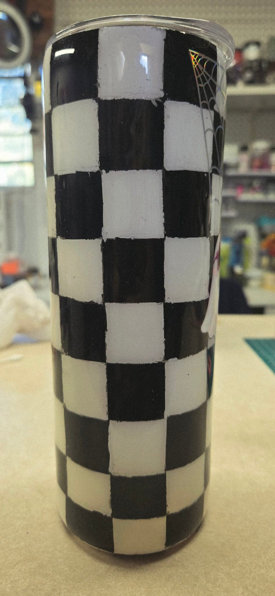 Handmade 20oz Halloween Ghost Tumbler – Cute Ghosts, Holographic Spider Web, Hand-Painted Checkerboard Epoxy