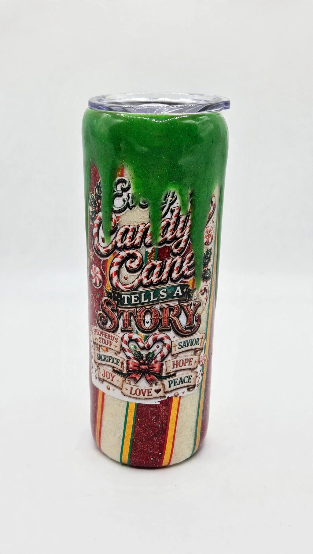 Handmade 20oz Christmas Candy Cane Epoxy Tumbler – Green Drip