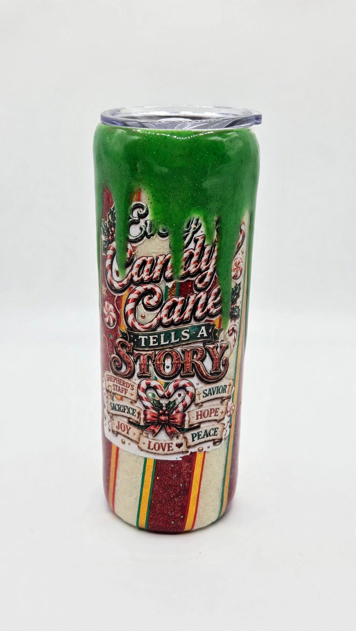 Handmade 20oz Christmas Candy Cane Epoxy Tumbler – Green Drip