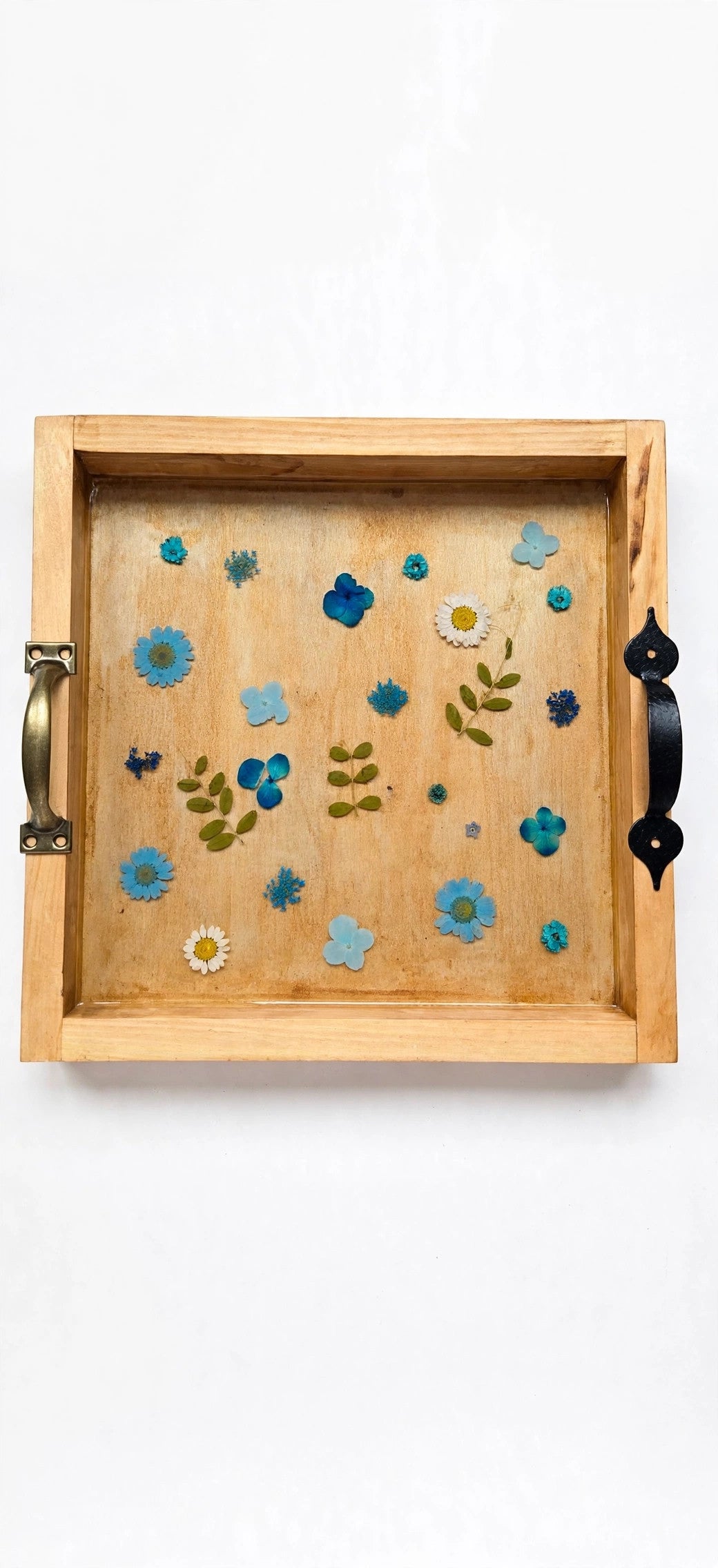Handmade Pressed Flower Resin Tray – 12x12 Blue Floral