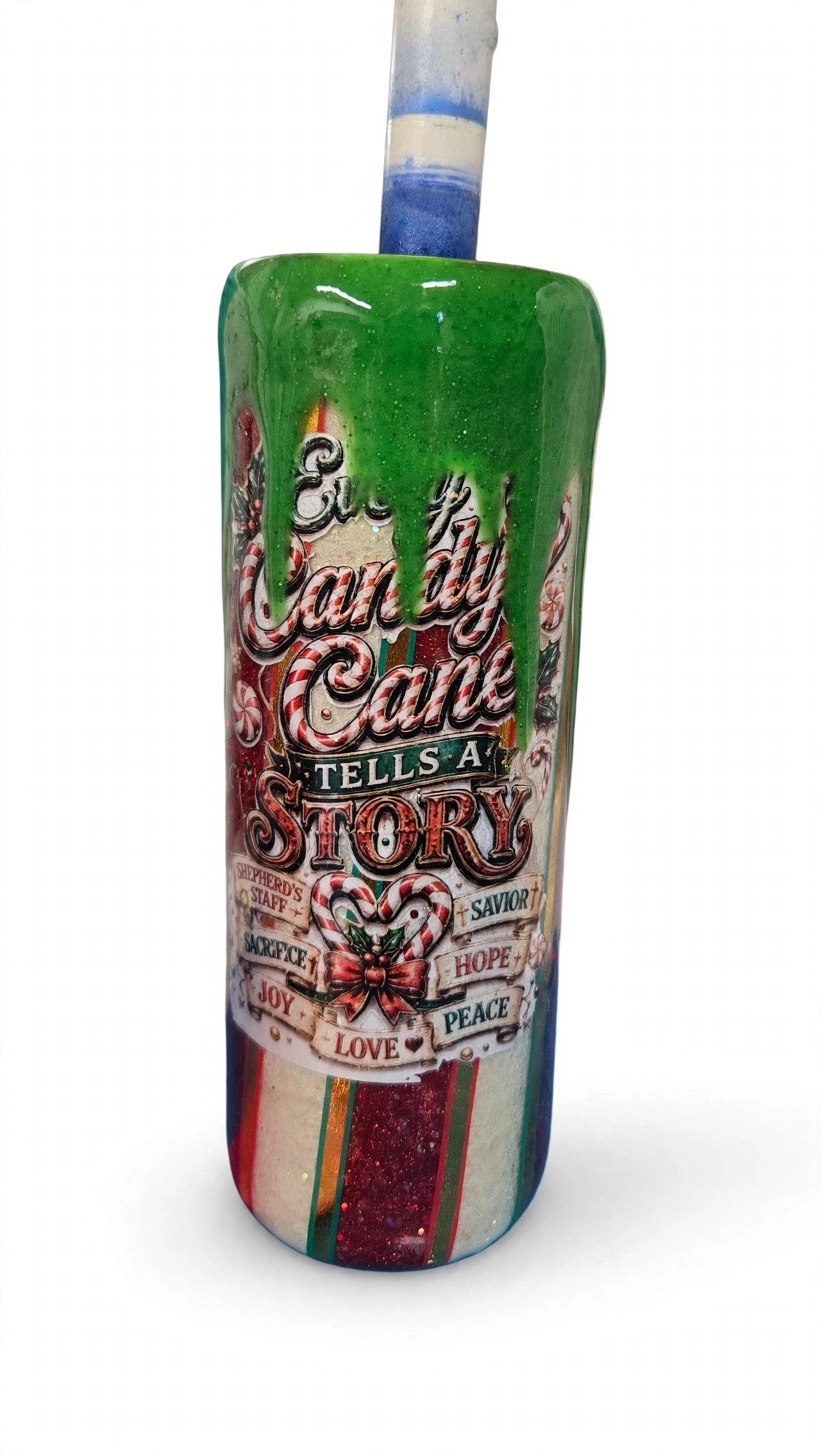 Handmade 20oz Christmas Candy Cane Epoxy Tumbler – Green Drip