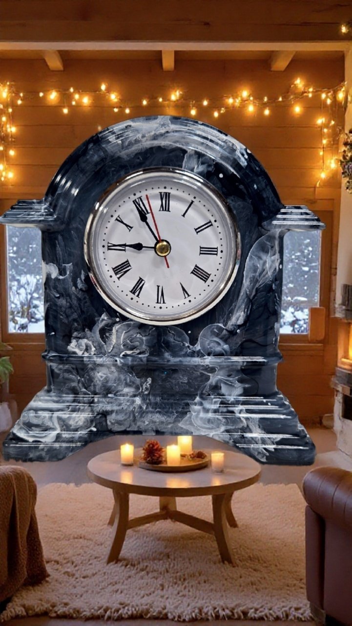 Handmade Marbled Resin Mantel Clock – Black White Gray