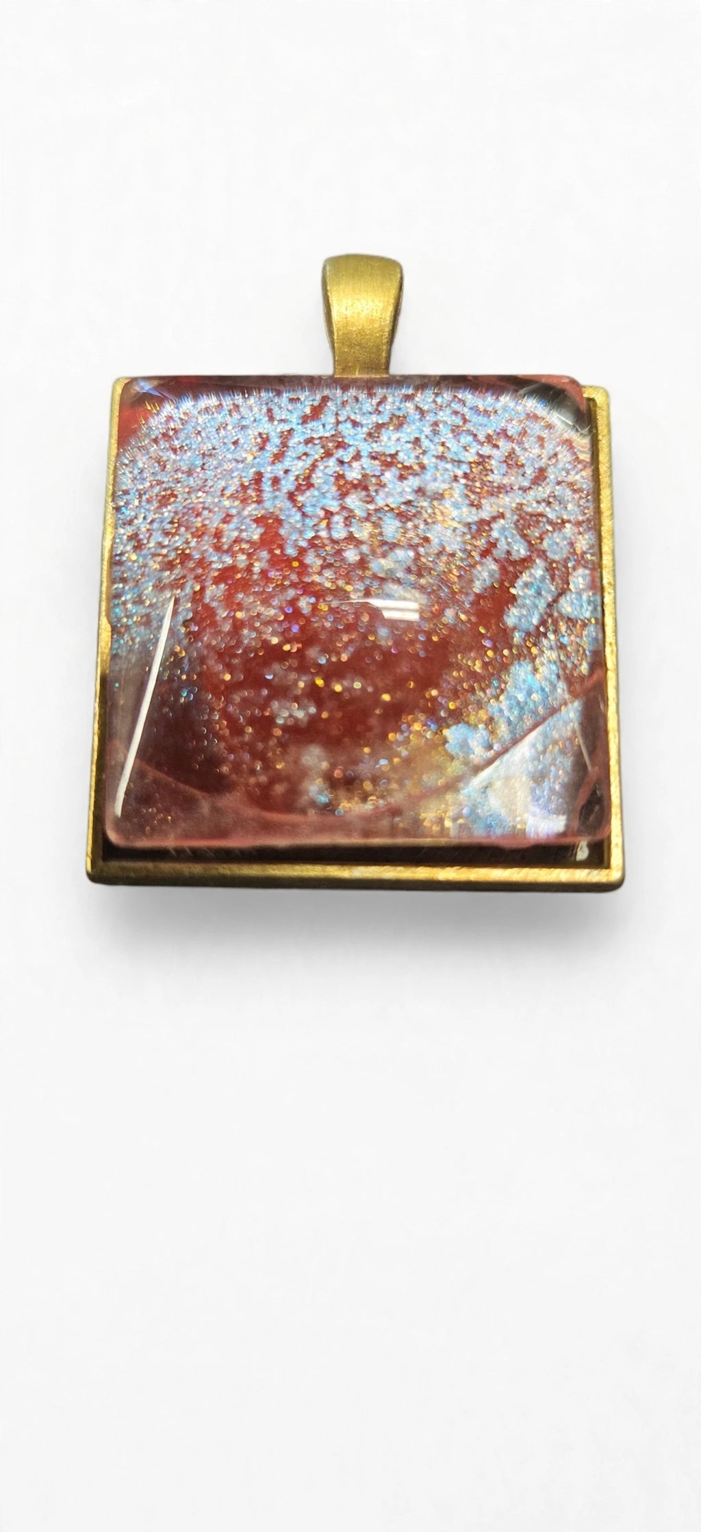 Handmade Pink-to-Red Chameleon Resin Pendant – Square, Gold Setting