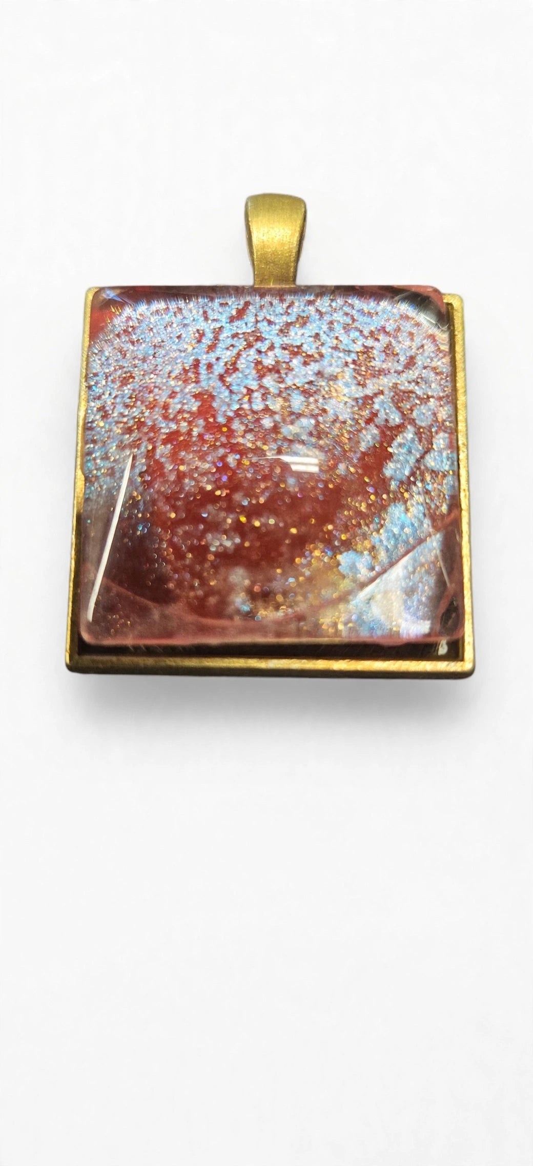 Handmade Pink-to-Red Chameleon Resin Pendant – Square, Gold Setting