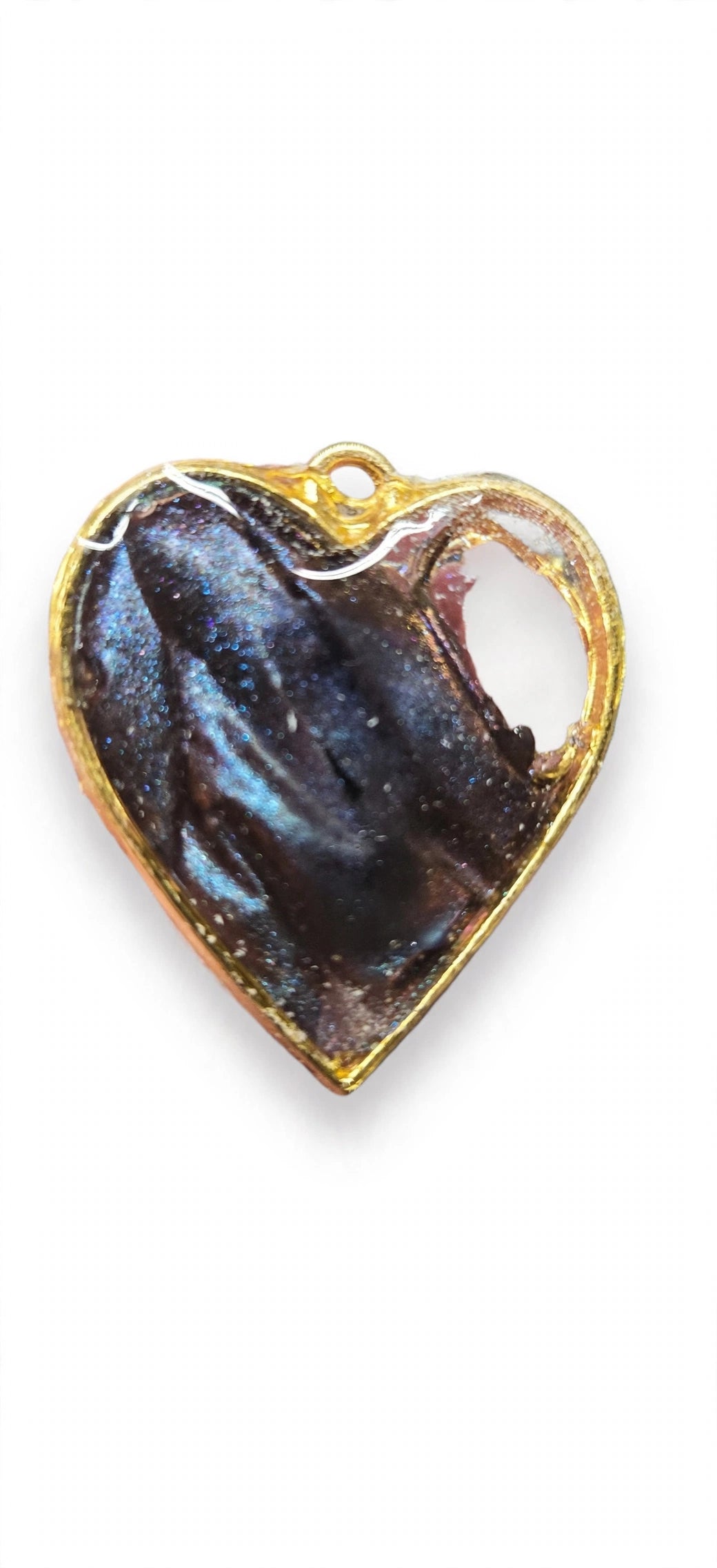Handmade Purple Chameleon Resin Heart Pendant – Gold Setting