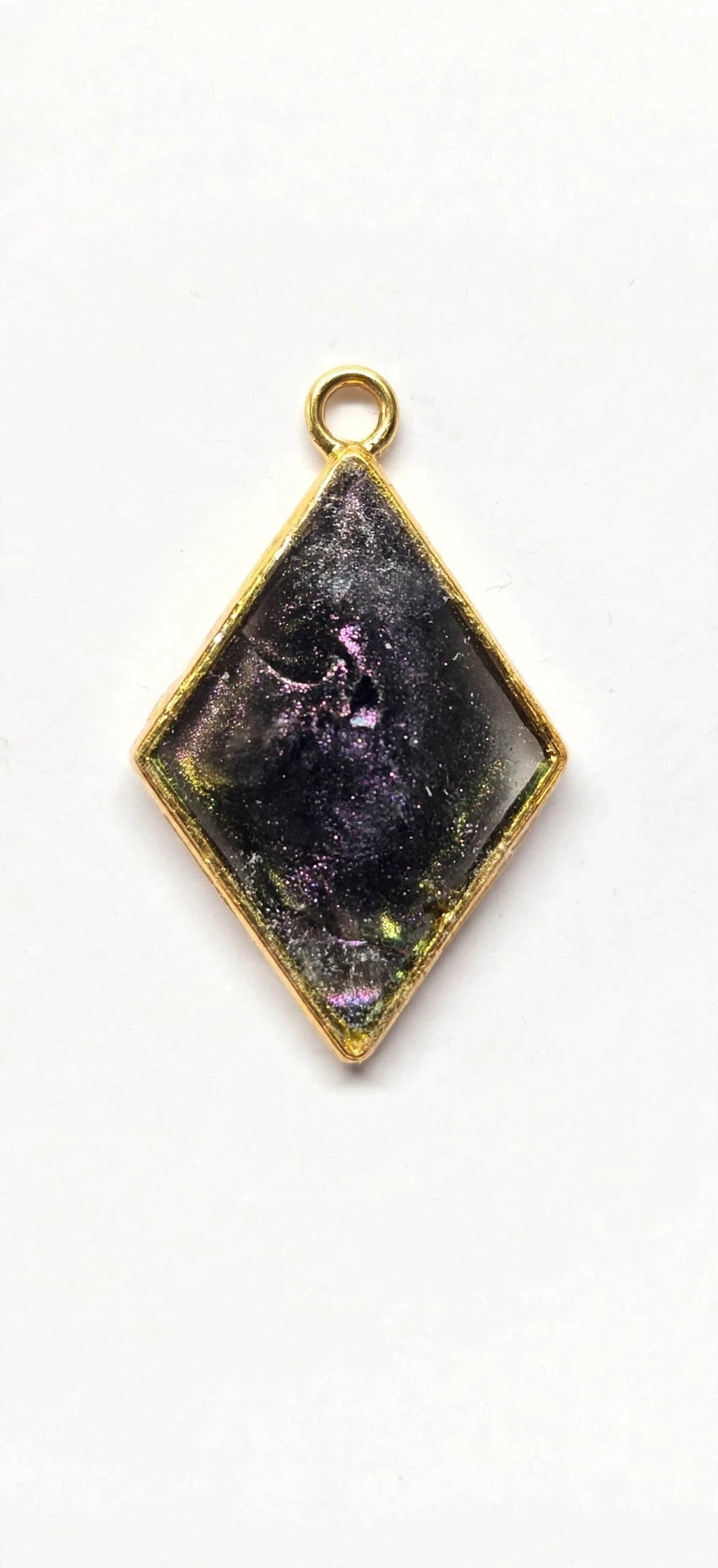 Handmade Dark Iridescent Chameleon Resin Pendant – Diamond Shape, Gold Setting