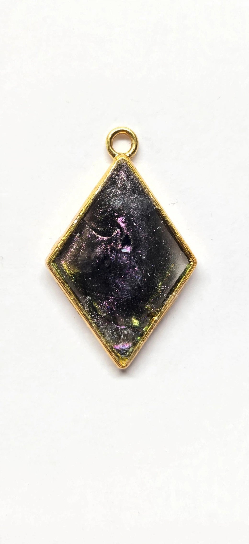 Handmade Dark Iridescent Chameleon Resin Pendant – Diamond Shape, Gold Setting