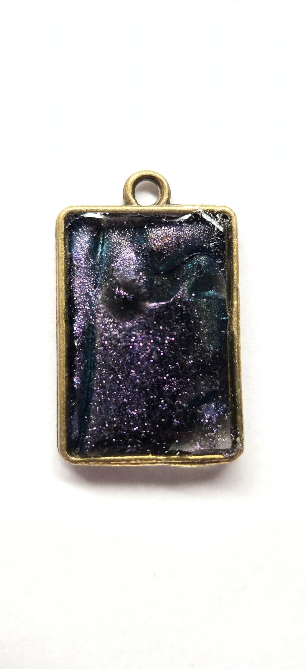 Handmade Purple Chameleon Resin Pendant – Rectangle, Bronze Setting