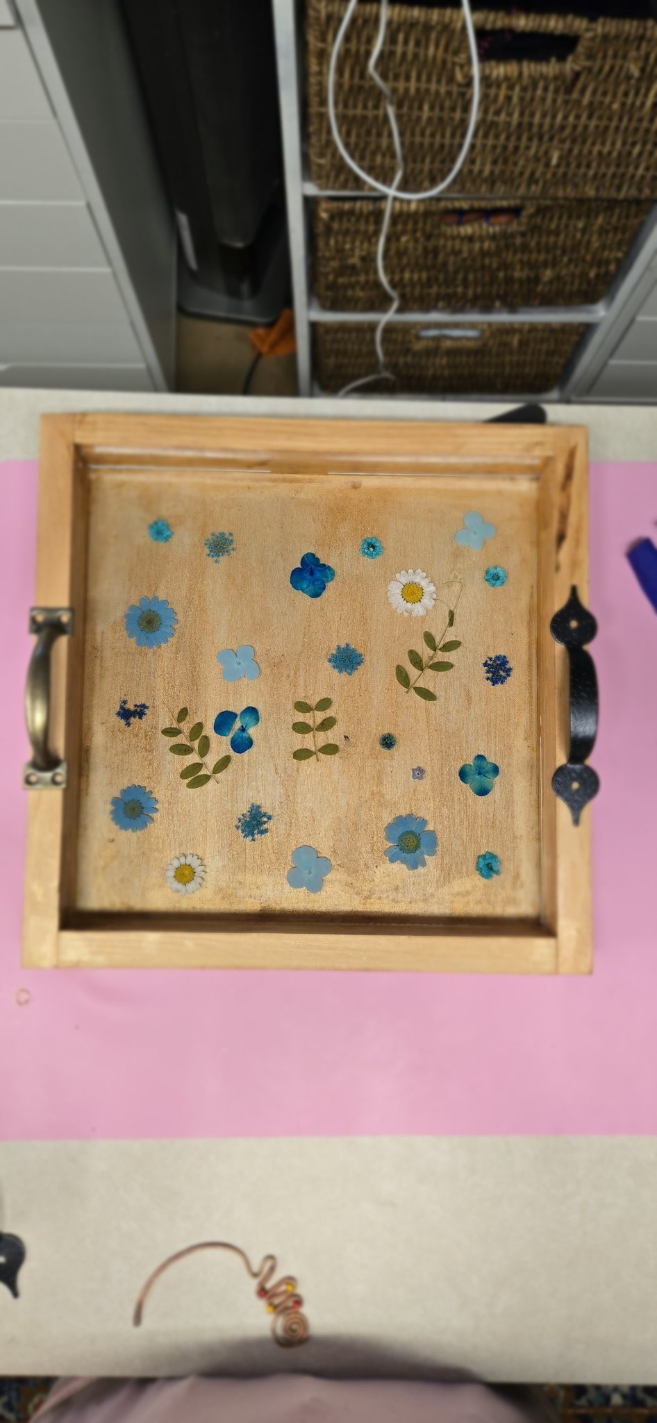 Handmade Pressed Flower Resin Tray – 12x12 Blue Floral