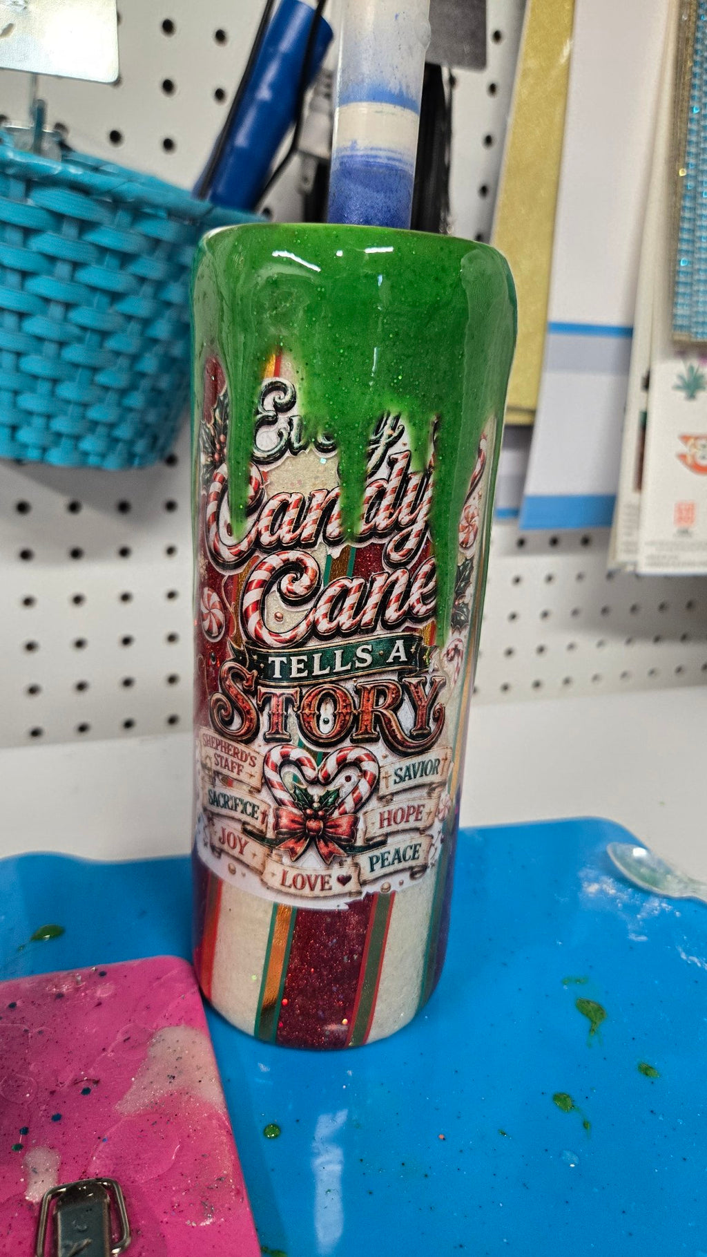 Handmade 20oz Christmas Candy Cane Epoxy Tumbler – Green Drip