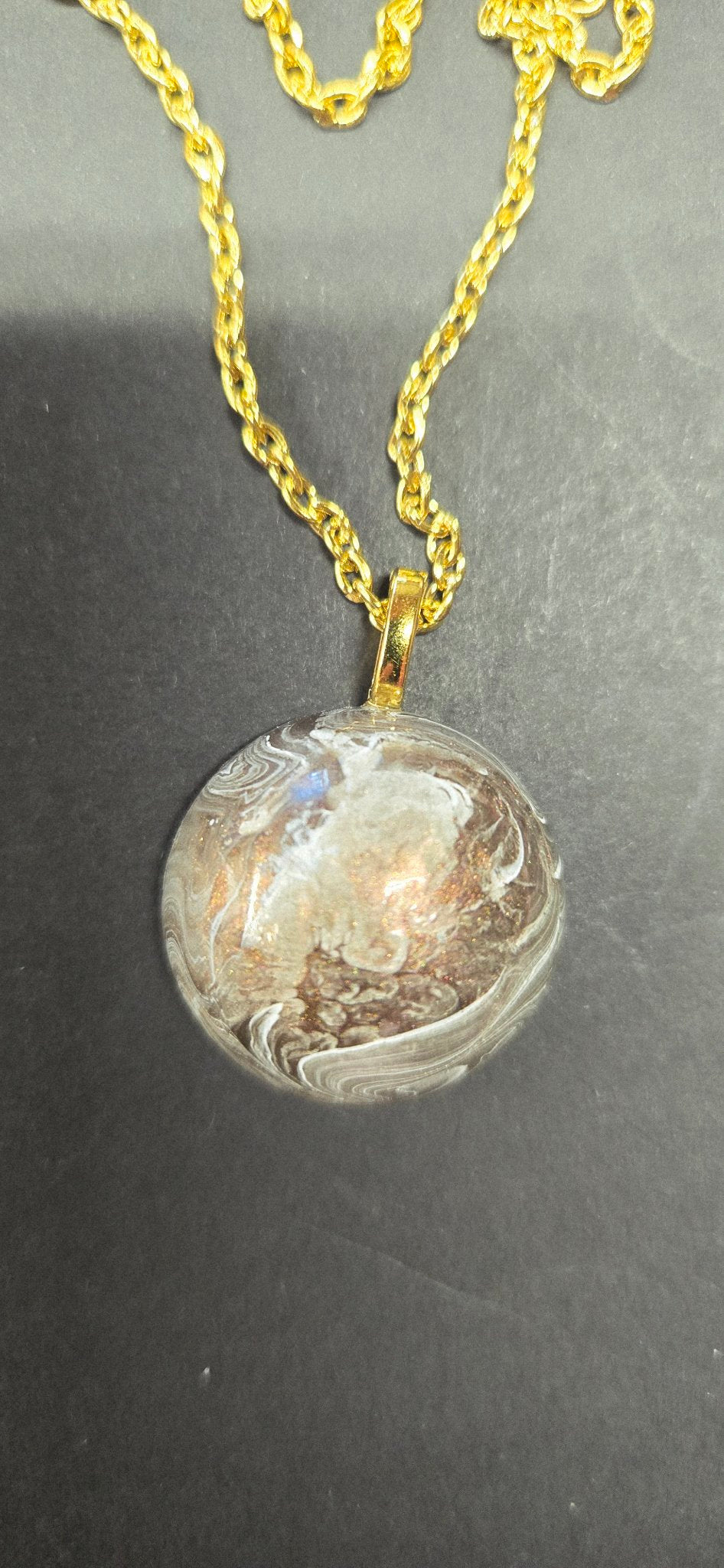 Handmade White & Copper Marbled Resin Dome Pendant Necklace – Gold Chain, One of a Kind